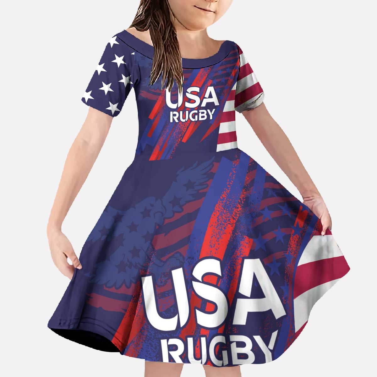 Custom United States Pacific Rugby 2024 Family Matching Off The Shoulder Long Sleeve Dress and Hawaiian Shirt The Eagle and USA Flag Style - Wonder Print Shop