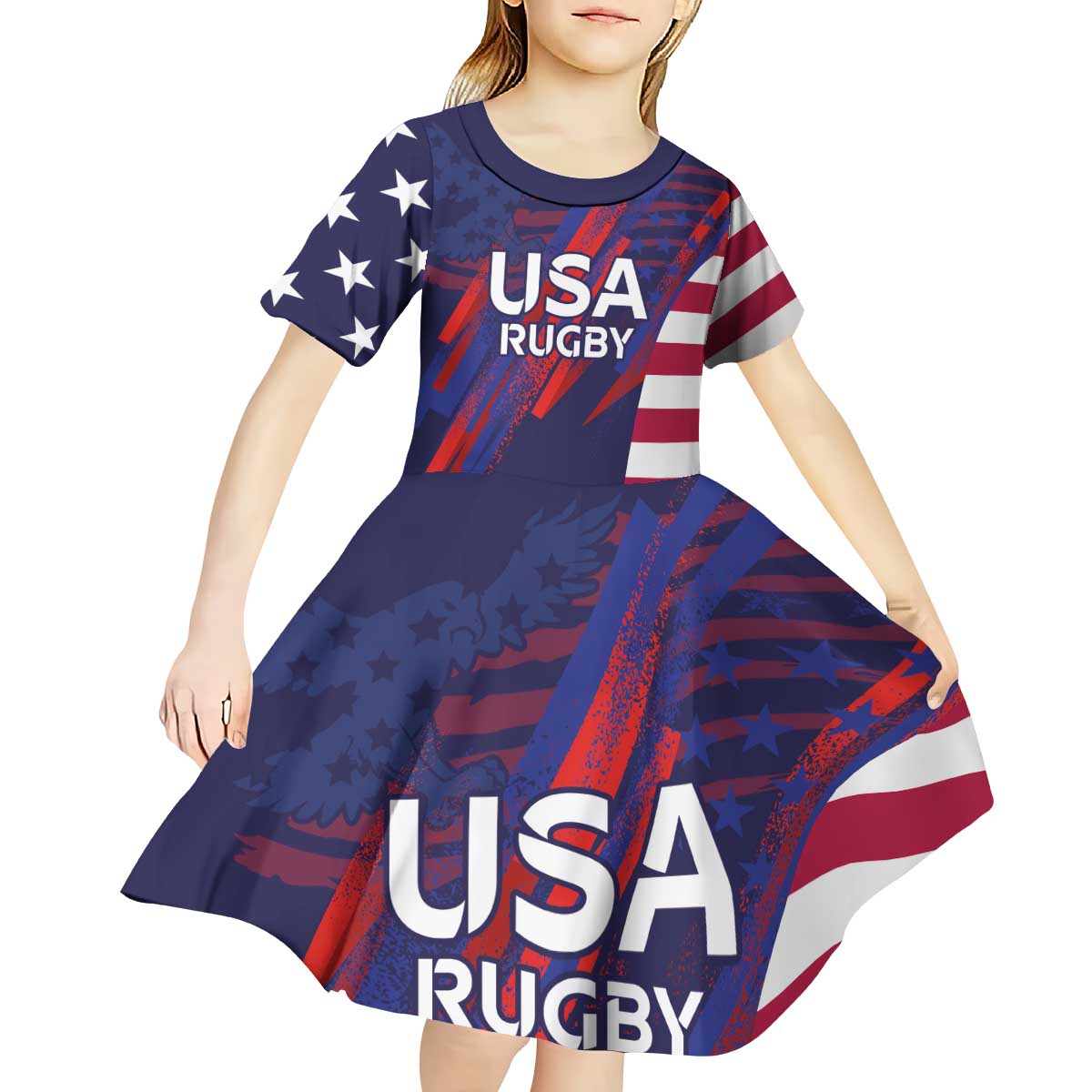 Custom United States Pacific Rugby 2024 Kid Short Sleeve Dress The Eagle and USA Flag Style - Wonder Print Shop