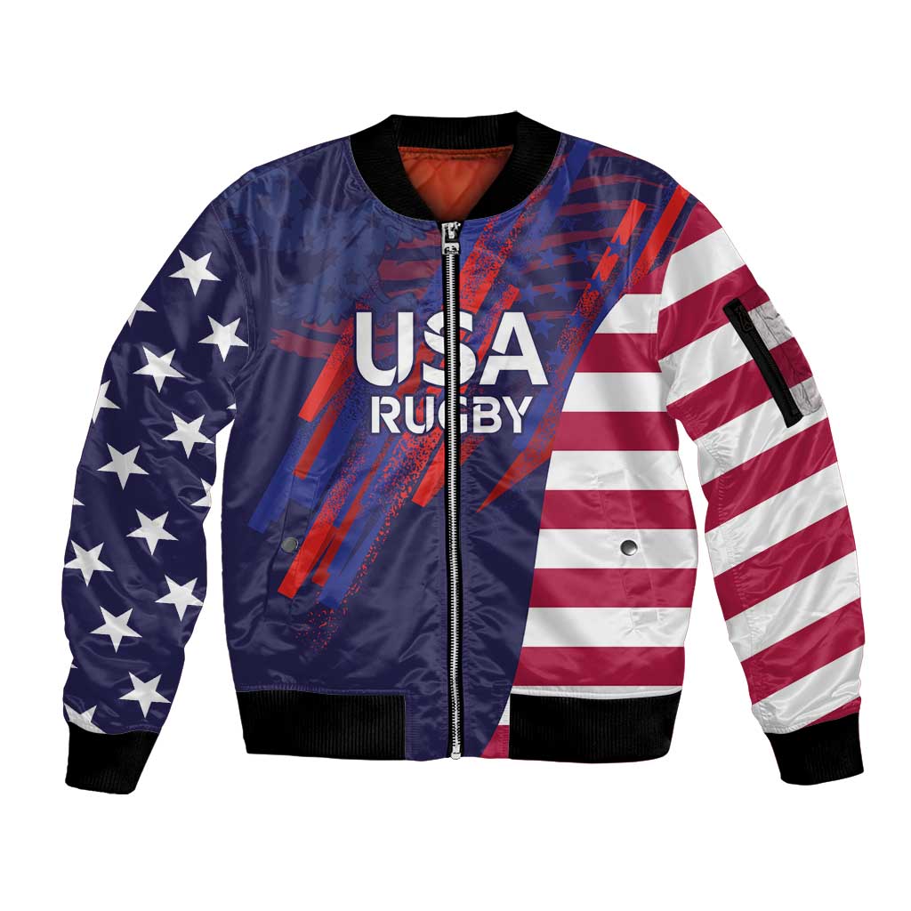 Custom United States Pacific Rugby 2024 Sleeve Zip Bomber Jacket The Eagle and USA Flag Style - Wonder Print Shop
