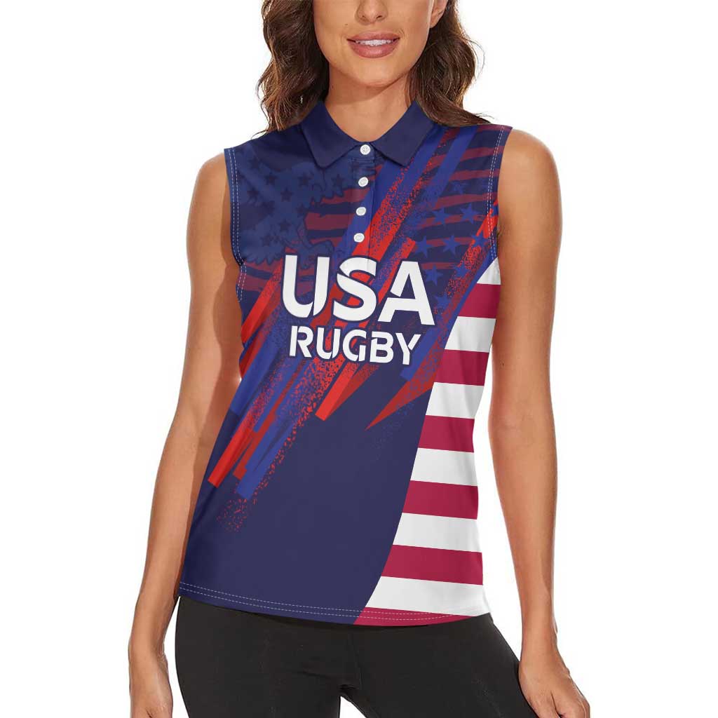 Custom United States Pacific Rugby 2024 Women Sleeveless Polo Shirt The Eagle and USA Flag Style - Wonder Print Shop