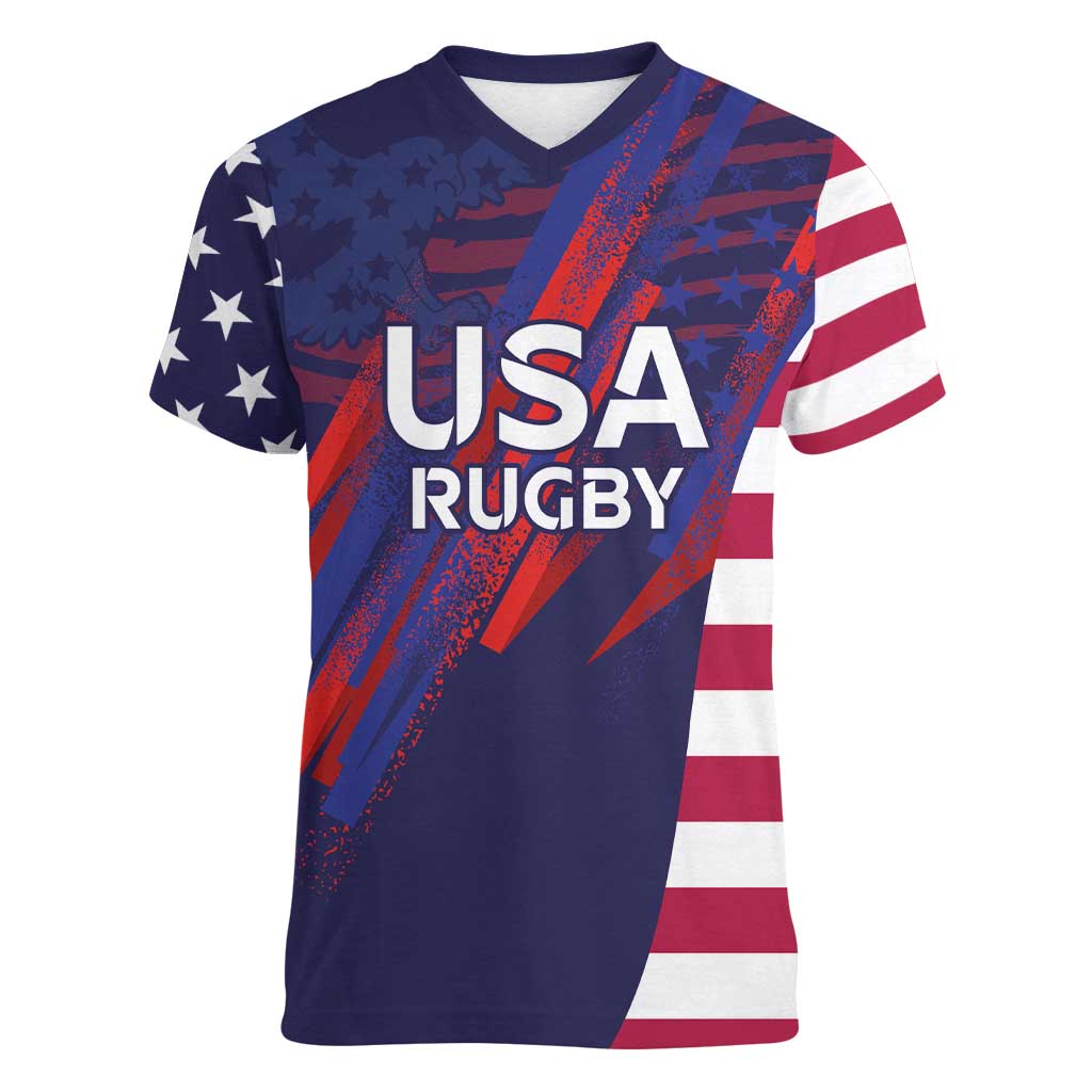 Custom United States Pacific Rugby 2024 Women V-Neck T-Shirt The Eagle and USA Flag Style - Wonder Print Shop