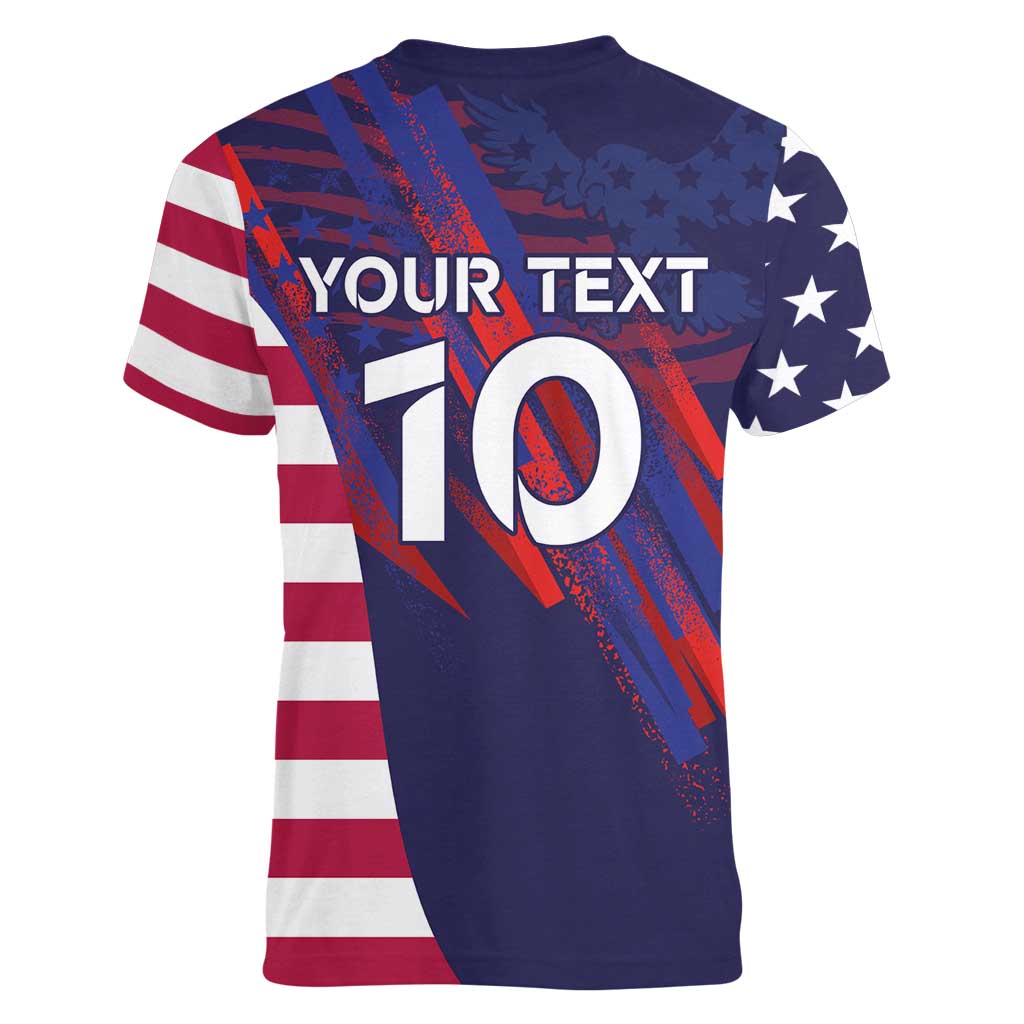Custom United States Pacific Rugby 2024 Women V-Neck T-Shirt The Eagle and USA Flag Style - Wonder Print Shop