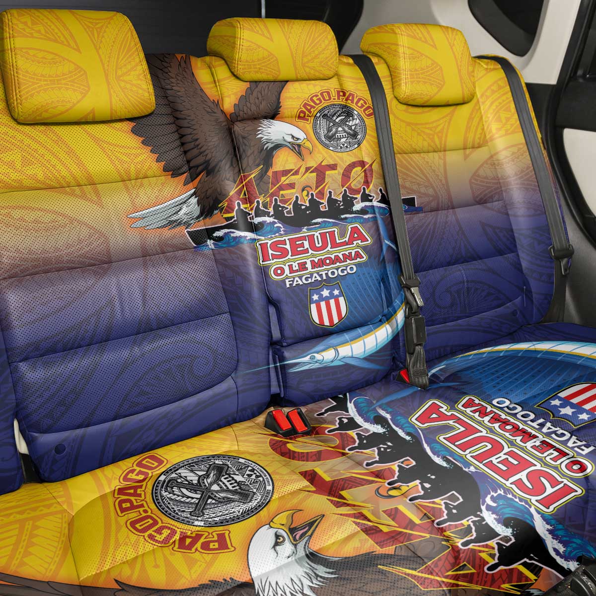 American Samoa Fautasi Back Car Seat Cover Bald Eage and Sailfish with Kakau Motifs - Wonder Print Shop