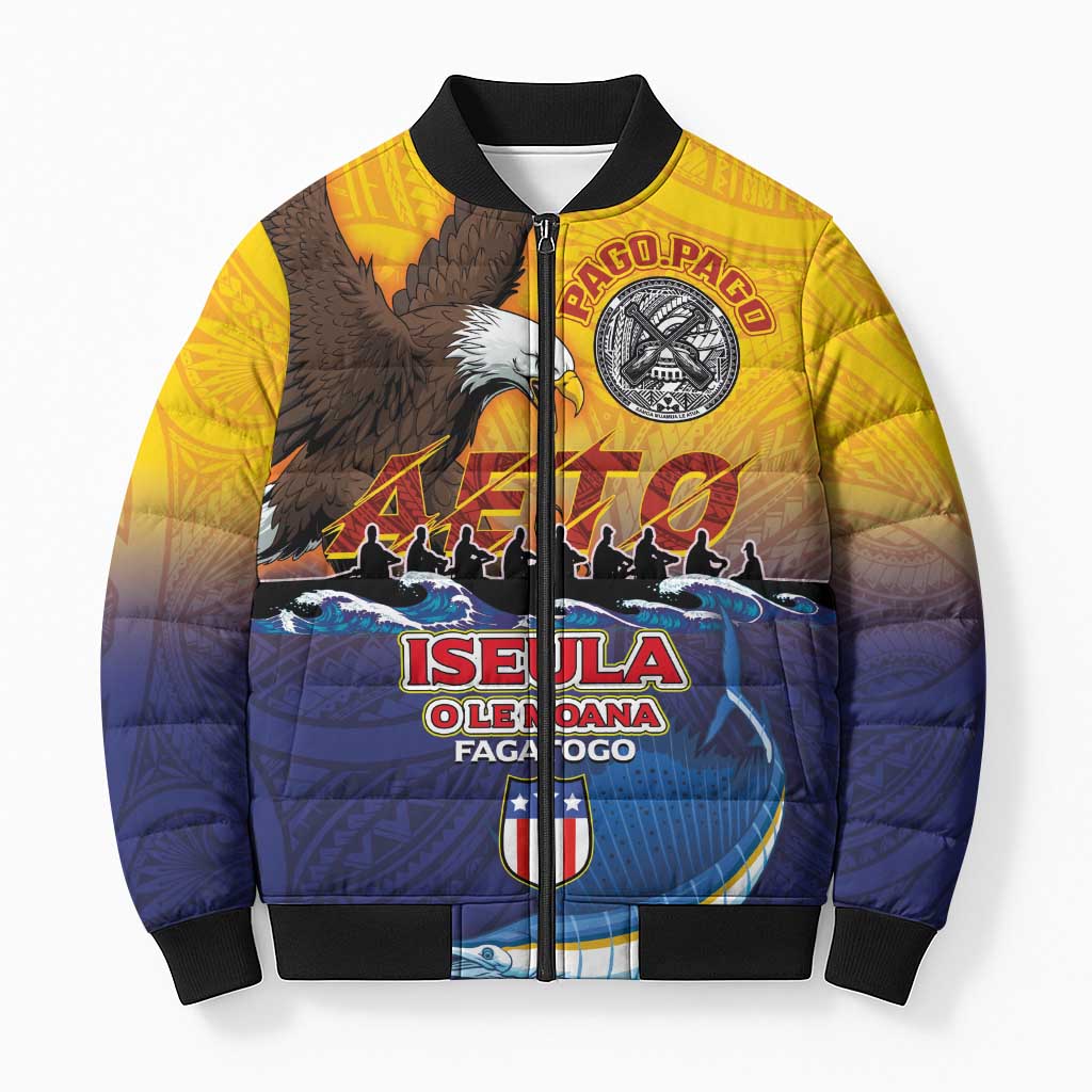 American Samoa Fautasi Bomber Puffer Jacket Bald Eage and Sailfish with Kakau Motifs - Wonder Print Shop