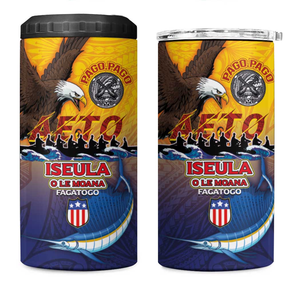 American Samoa Fautasi 4 in 1 Can Cooler Tumbler Bald Eage and Sailfish with Kakau Motifs - Wonder Print Shop