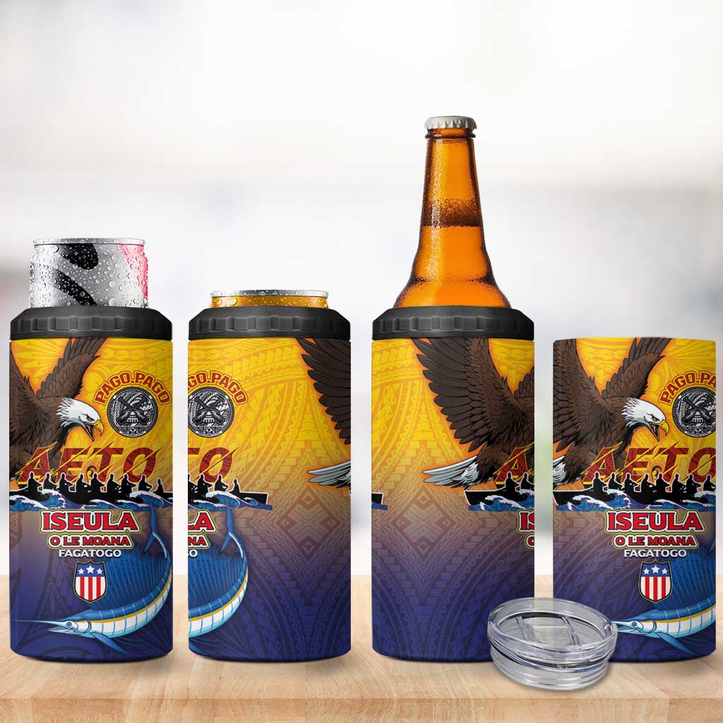 American Samoa Fautasi 4 in 1 Can Cooler Tumbler Bald Eage and Sailfish with Kakau Motifs - Wonder Print Shop