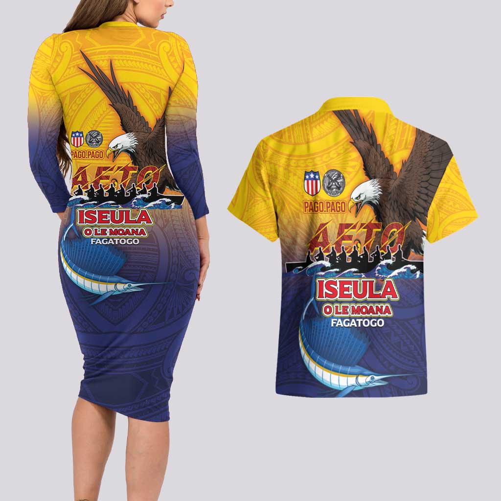 American Samoa Fautasi Couples Matching Long Sleeve Bodycon Dress and Hawaiian Shirt Bald Eage and Sailfish with Kakau Motifs - Wonder Print Shop