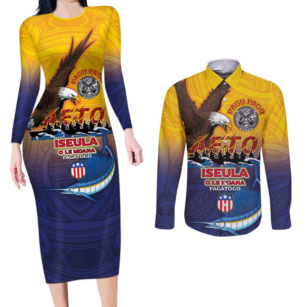 American Samoa Fautasi Couples Matching Long Sleeve Bodycon Dress and Long Sleeve Button Shirt Bald Eage and Sailfish with Kakau Motifs - Wonder Print Shop
