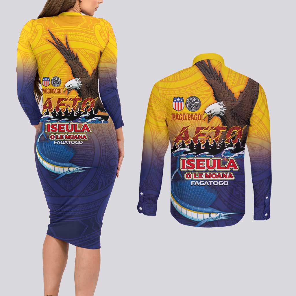 American Samoa Fautasi Couples Matching Long Sleeve Bodycon Dress and Long Sleeve Button Shirt Bald Eage and Sailfish with Kakau Motifs - Wonder Print Shop