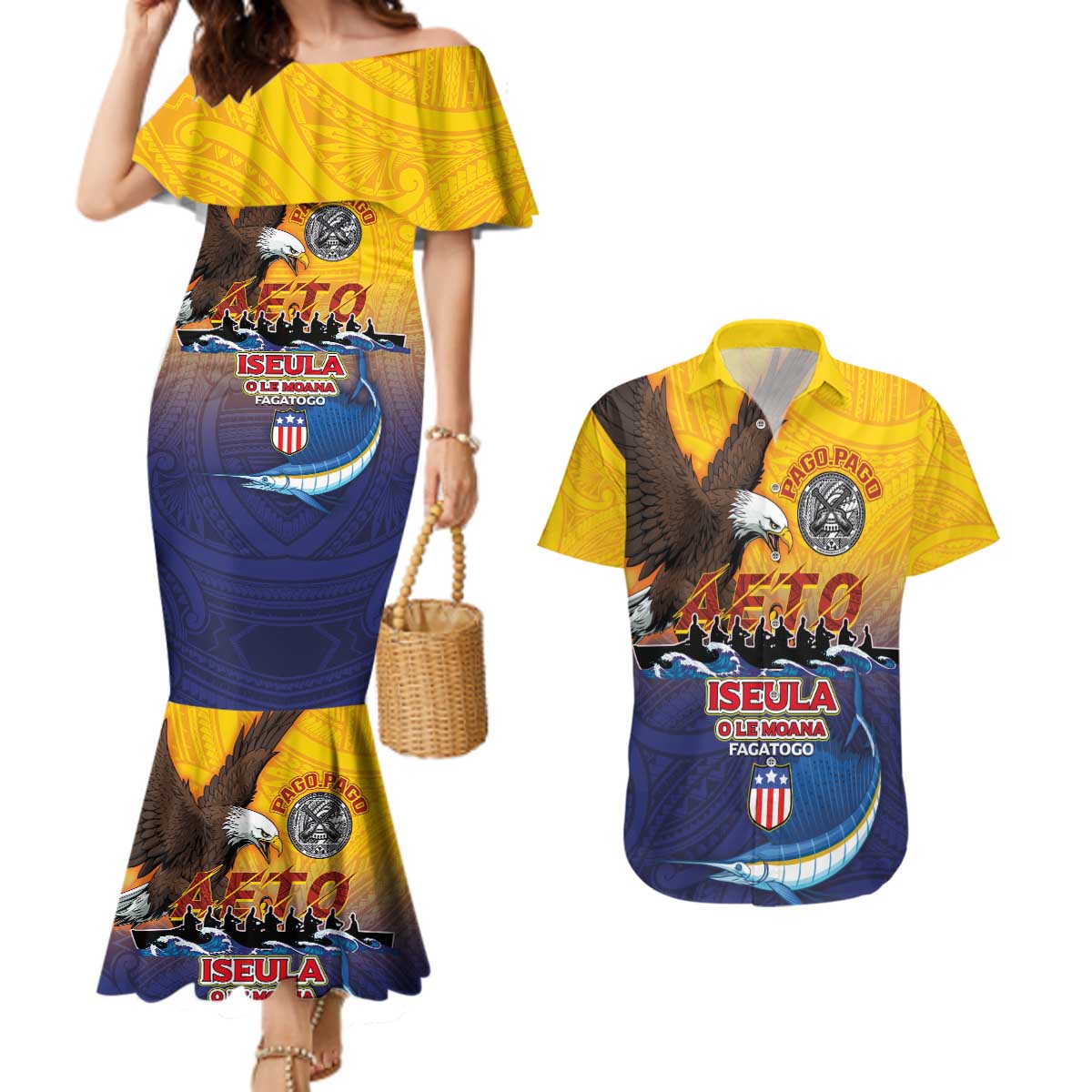 American Samoa Fautasi Couples Matching Mermaid Dress and Hawaiian Shirt Bald Eage and Sailfish with Kakau Motifs - Wonder Print Shop