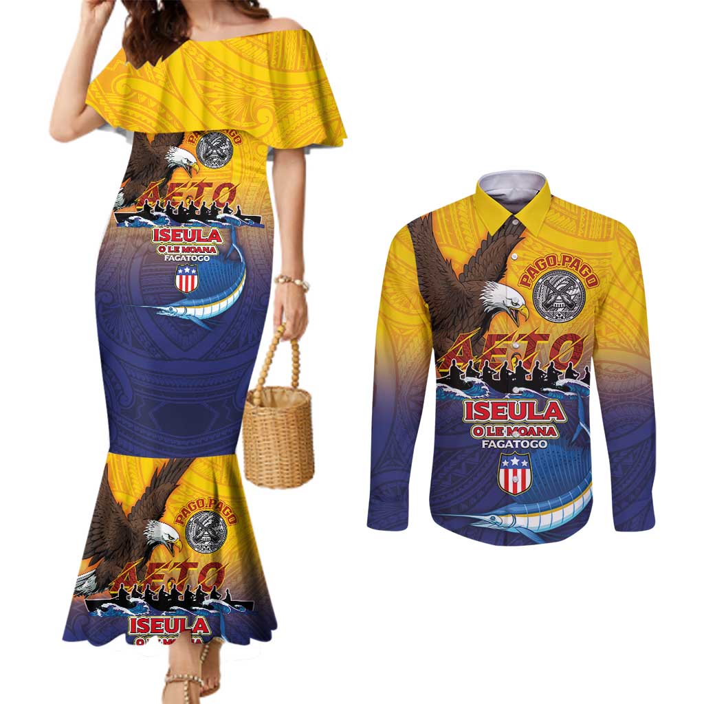 American Samoa Fautasi Couples Matching Mermaid Dress and Long Sleeve Button Shirt Bald Eage and Sailfish with Kakau Motifs - Wonder Print Shop