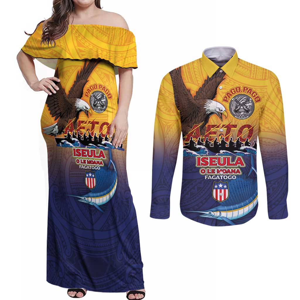 American Samoa Fautasi Couples Matching Off Shoulder Maxi Dress and Long Sleeve Button Shirt Bald Eage and Sailfish with Kakau Motifs - Wonder Print Shop