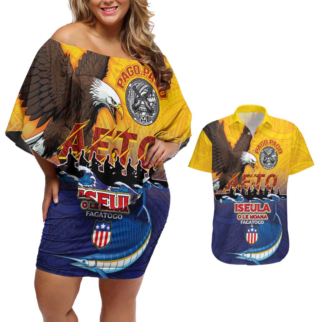 American Samoa Fautasi Couples Matching Off Shoulder Short Dress and Hawaiian Shirt Bald Eage and Sailfish with Kakau Motifs - Wonder Print Shop