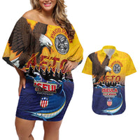 American Samoa Fautasi Couples Matching Off Shoulder Short Dress and Hawaiian Shirt Bald Eage and Sailfish with Kakau Motifs - Wonder Print Shop