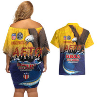American Samoa Fautasi Couples Matching Off Shoulder Short Dress and Hawaiian Shirt Bald Eage and Sailfish with Kakau Motifs - Wonder Print Shop