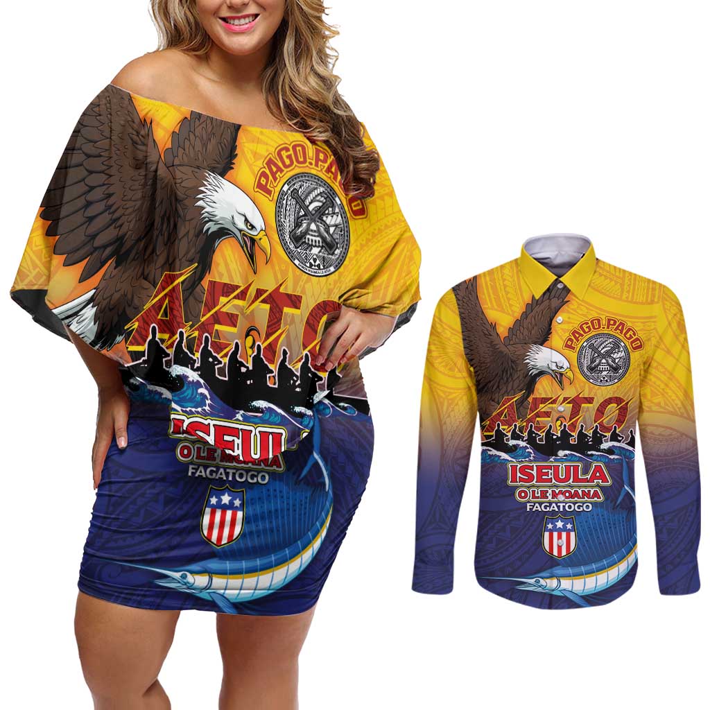 American Samoa Fautasi Couples Matching Off Shoulder Short Dress and Long Sleeve Button Shirt Bald Eage and Sailfish with Kakau Motifs - Wonder Print Shop