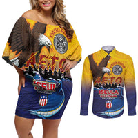 American Samoa Fautasi Couples Matching Off Shoulder Short Dress and Long Sleeve Button Shirt Bald Eage and Sailfish with Kakau Motifs - Wonder Print Shop