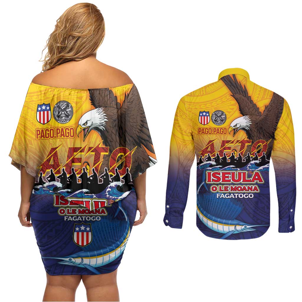 American Samoa Fautasi Couples Matching Off Shoulder Short Dress and Long Sleeve Button Shirt Bald Eage and Sailfish with Kakau Motifs - Wonder Print Shop