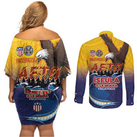 American Samoa Fautasi Couples Matching Off Shoulder Short Dress and Long Sleeve Button Shirt Bald Eage and Sailfish with Kakau Motifs - Wonder Print Shop