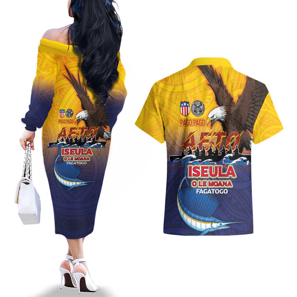 American Samoa Fautasi Couples Matching Off The Shoulder Long Sleeve Dress and Hawaiian Shirt Bald Eage and Sailfish with Kakau Motifs - Wonder Print Shop