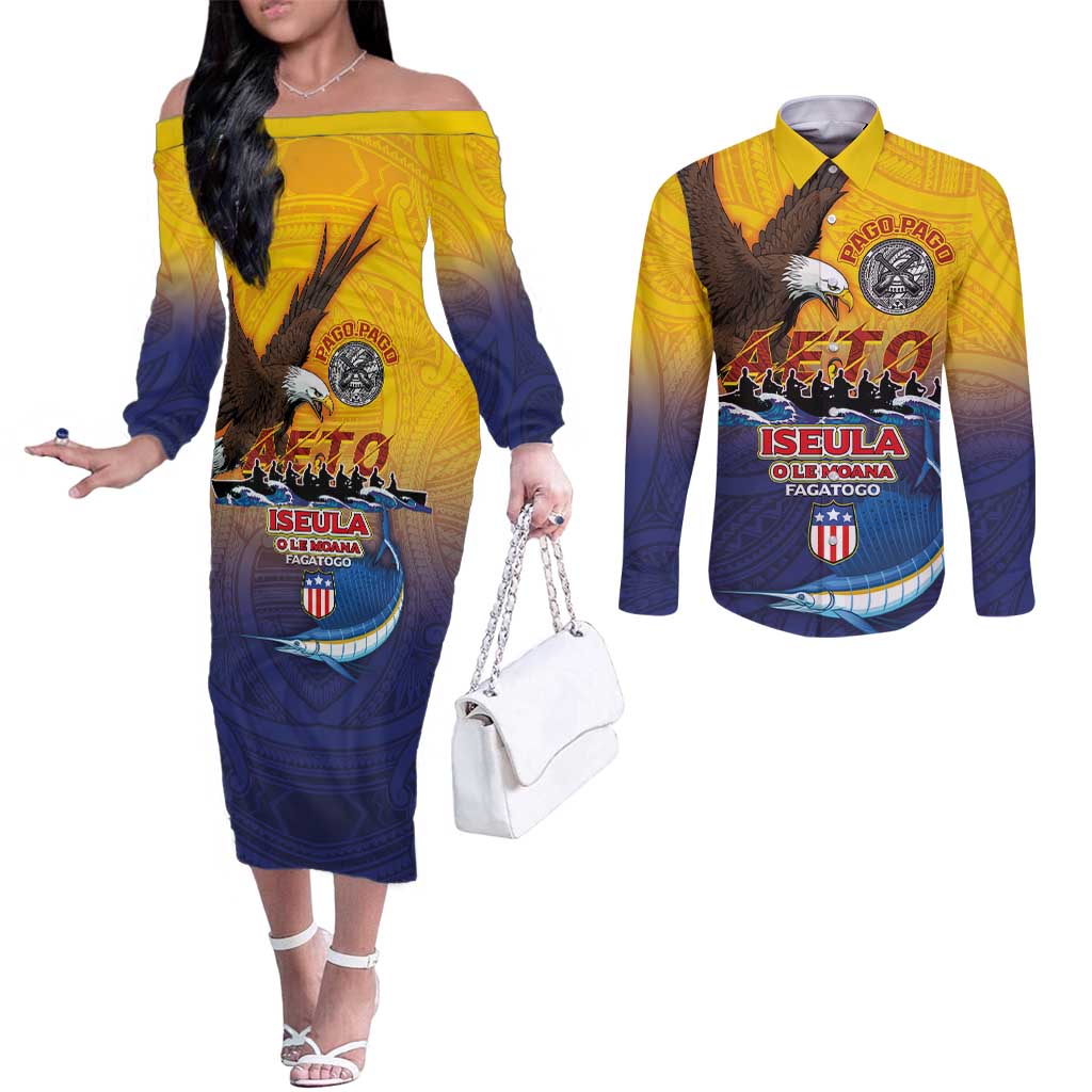 American Samoa Fautasi Couples Matching Off The Shoulder Long Sleeve Dress and Long Sleeve Button Shirt Bald Eage and Sailfish with Kakau Motifs - Wonder Print Shop