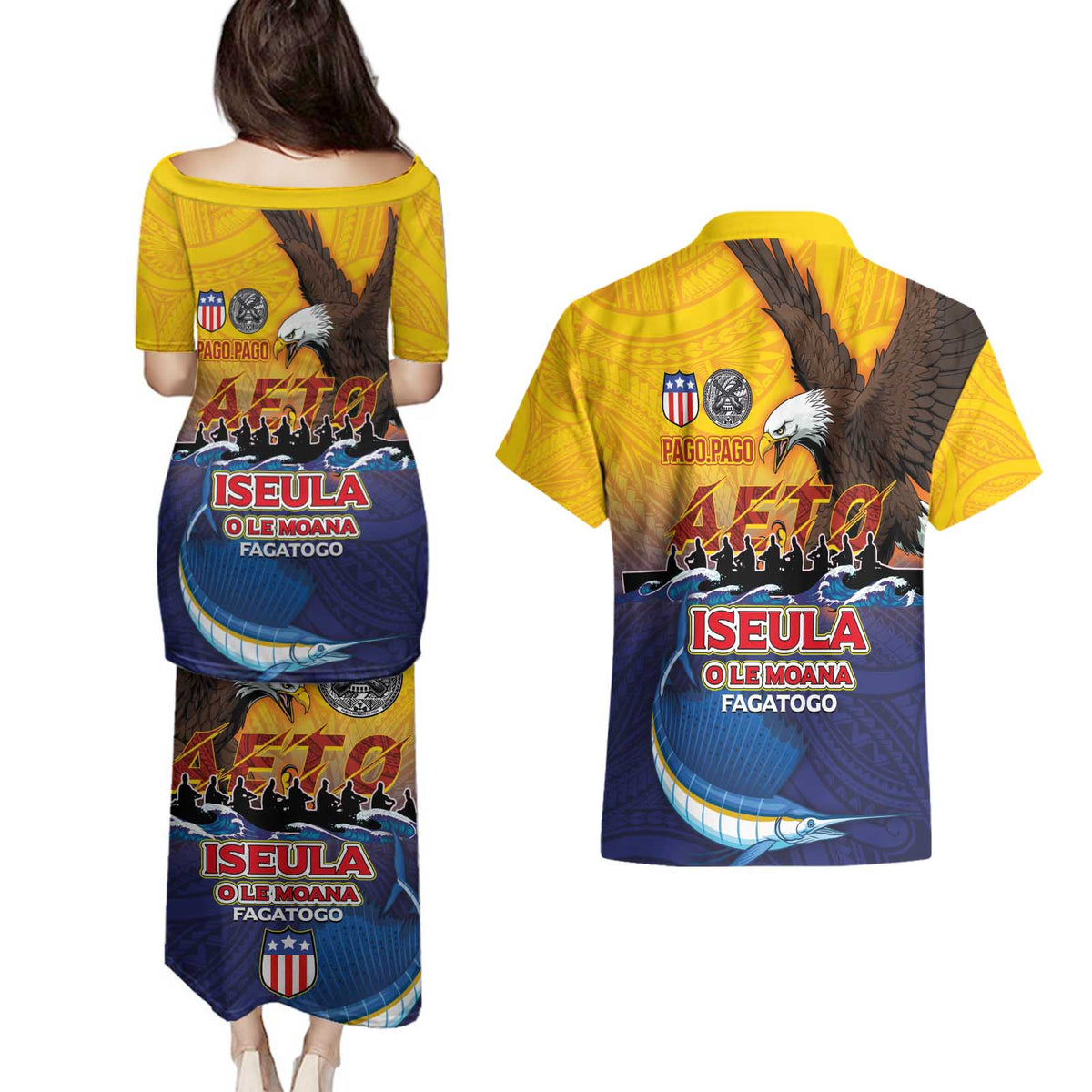 American Samoa Fautasi Couples Matching Puletasi and Hawaiian Shirt Bald Eage and Sailfish with Kakau Motifs - Wonder Print Shop