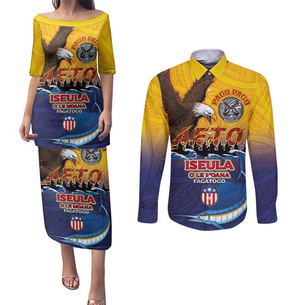 American Samoa Fautasi Couples Matching Puletasi and Long Sleeve Button Shirt Bald Eage and Sailfish with Kakau Motifs - Wonder Print Shop