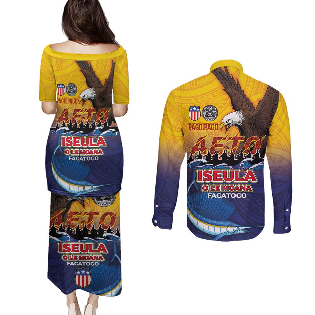 American Samoa Fautasi Couples Matching Puletasi and Long Sleeve Button Shirt Bald Eage and Sailfish with Kakau Motifs - Wonder Print Shop