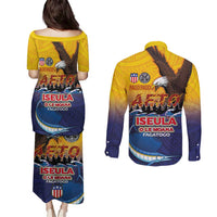 American Samoa Fautasi Couples Matching Puletasi and Long Sleeve Button Shirt Bald Eage and Sailfish with Kakau Motifs - Wonder Print Shop