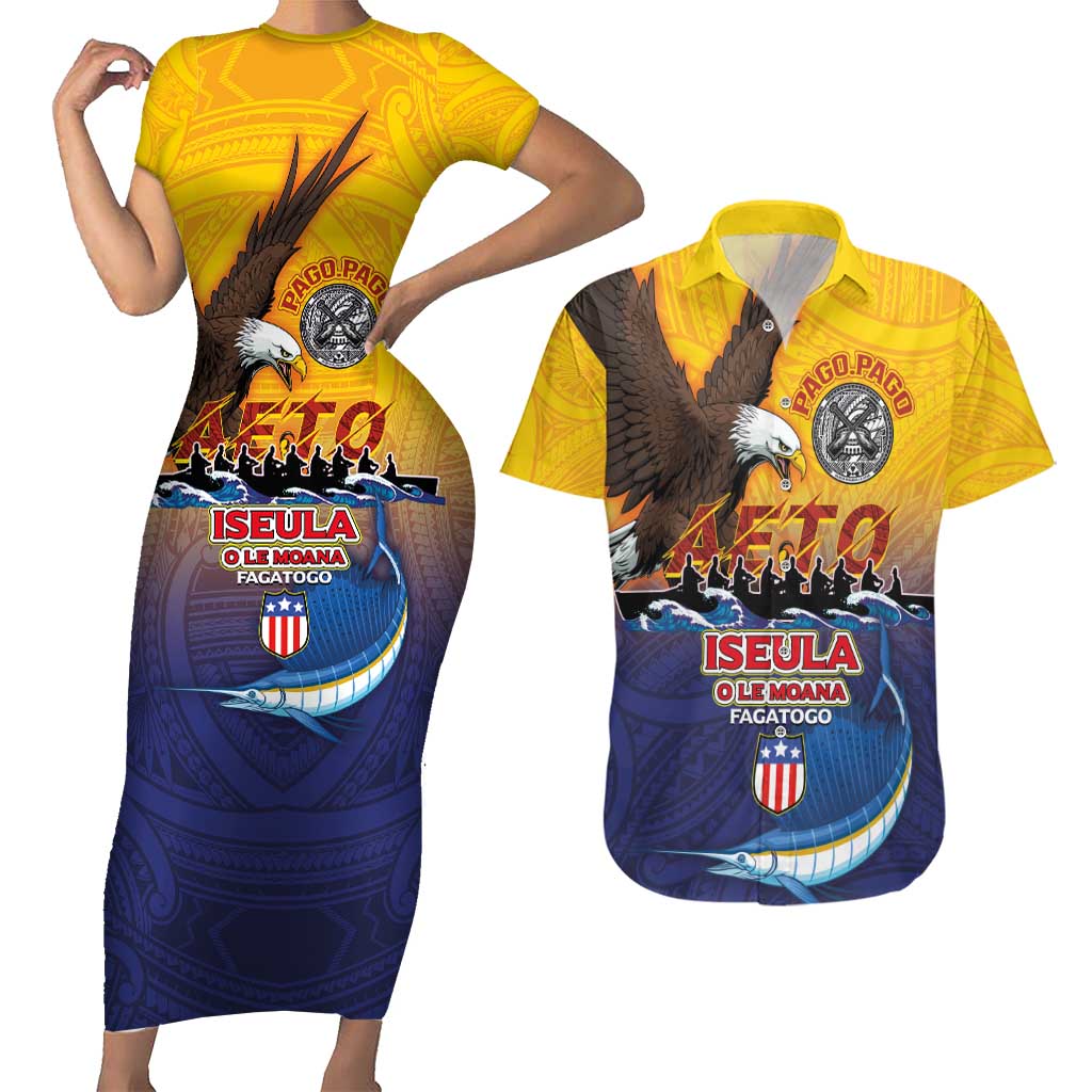 American Samoa Fautasi Couples Matching Short Sleeve Bodycon Dress and Hawaiian Shirt Bald Eage and Sailfish with Kakau Motifs - Wonder Print Shop