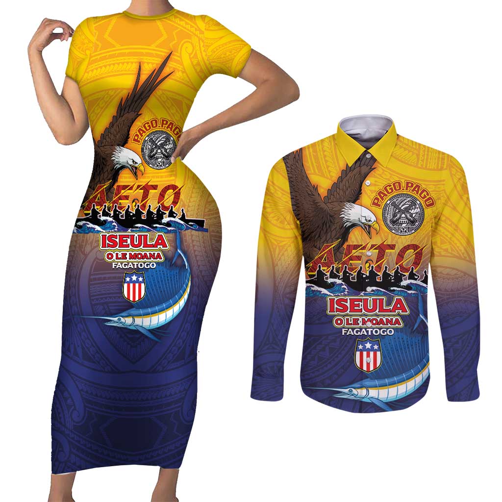 American Samoa Fautasi Couples Matching Short Sleeve Bodycon Dress and Long Sleeve Button Shirt Bald Eage and Sailfish with Kakau Motifs - Wonder Print Shop