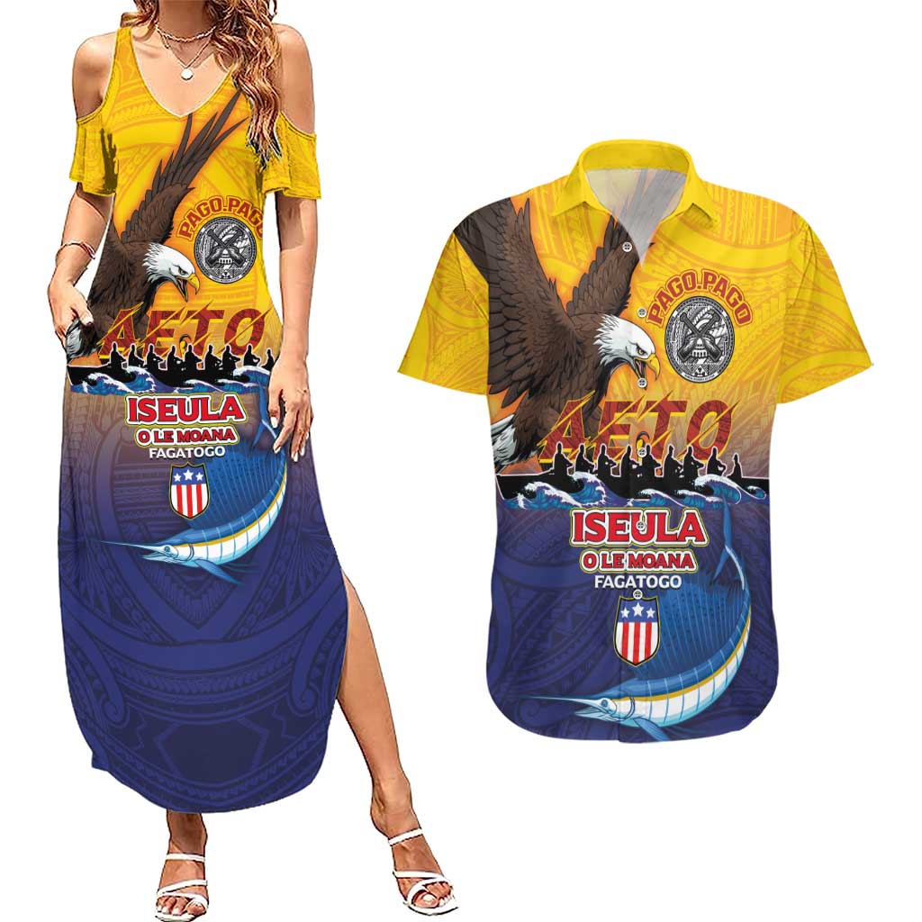 American Samoa Fautasi Couples Matching Summer Maxi Dress and Hawaiian Shirt Bald Eage and Sailfish with Kakau Motifs - Wonder Print Shop