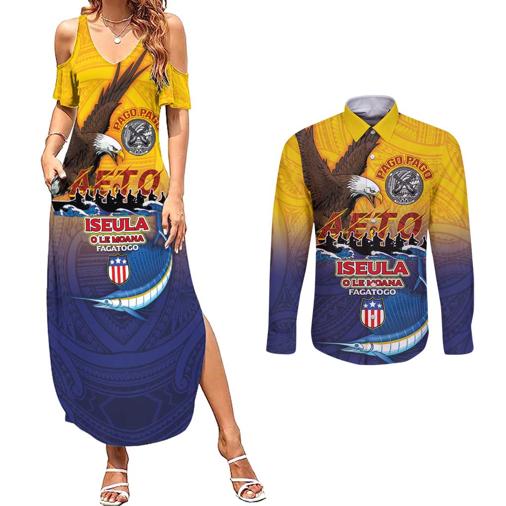 American Samoa Fautasi Couples Matching Summer Maxi Dress and Long Sleeve Button Shirt Bald Eage and Sailfish with Kakau Motifs - Wonder Print Shop