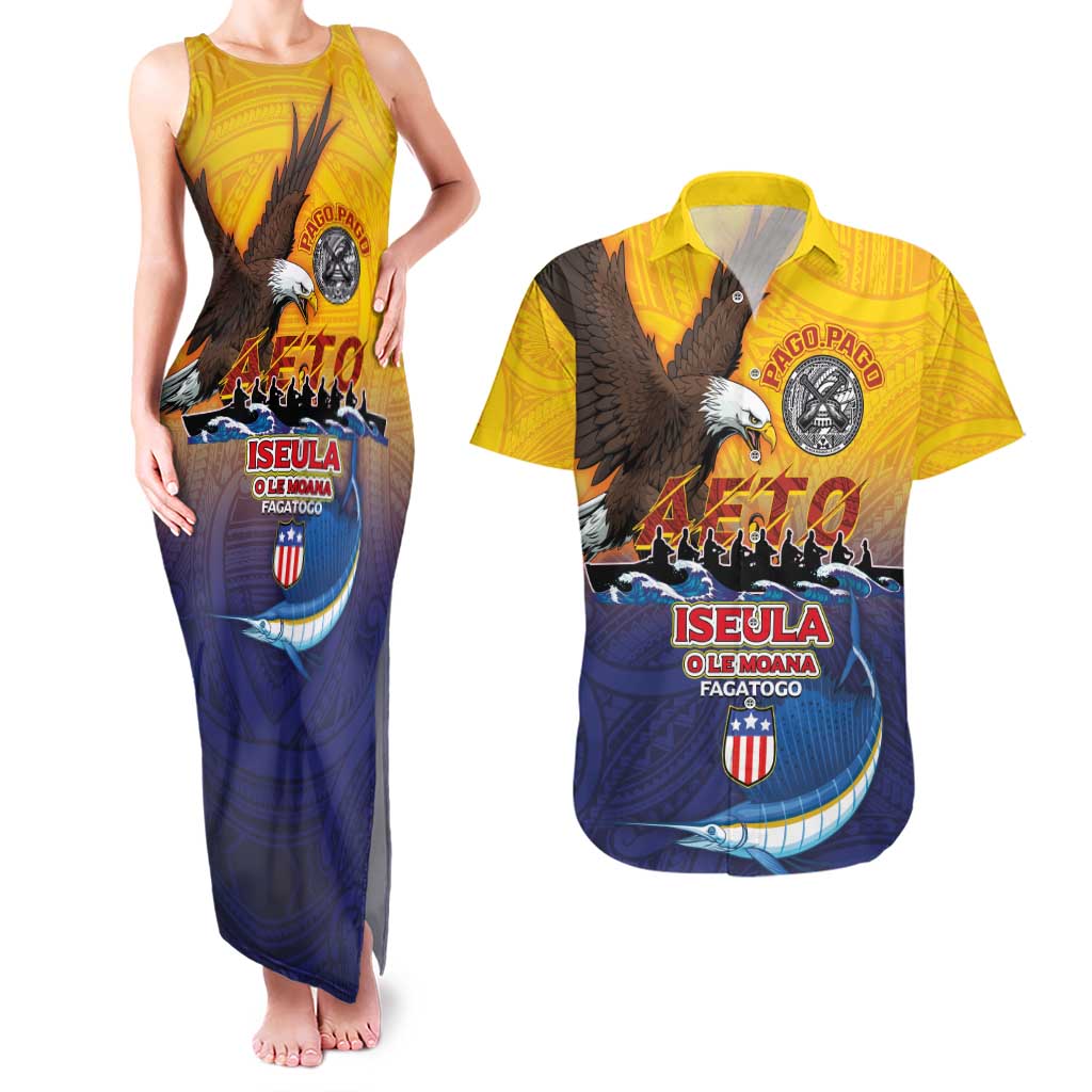 American Samoa Fautasi Couples Matching Tank Maxi Dress and Hawaiian Shirt Bald Eage and Sailfish with Kakau Motifs - Wonder Print Shop