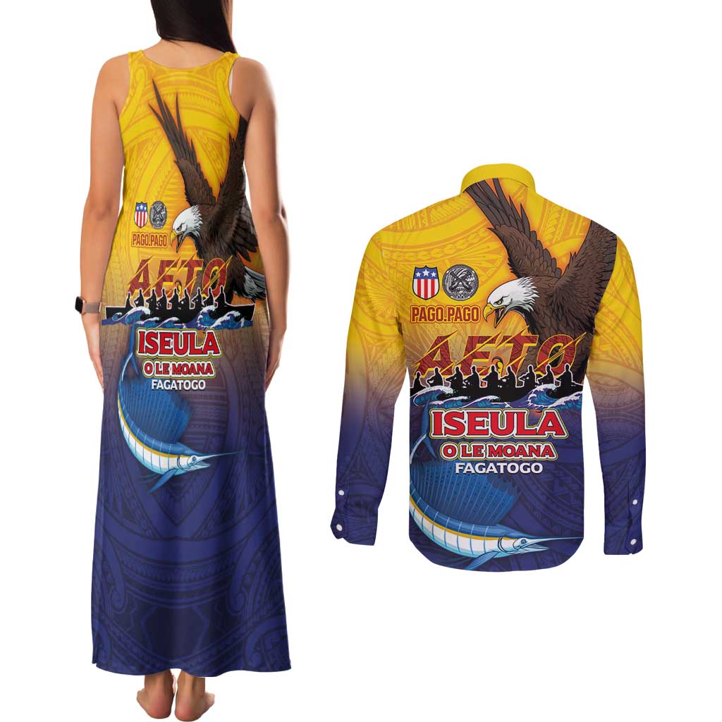 American Samoa Fautasi Couples Matching Tank Maxi Dress and Long Sleeve Button Shirt Bald Eage and Sailfish with Kakau Motifs - Wonder Print Shop