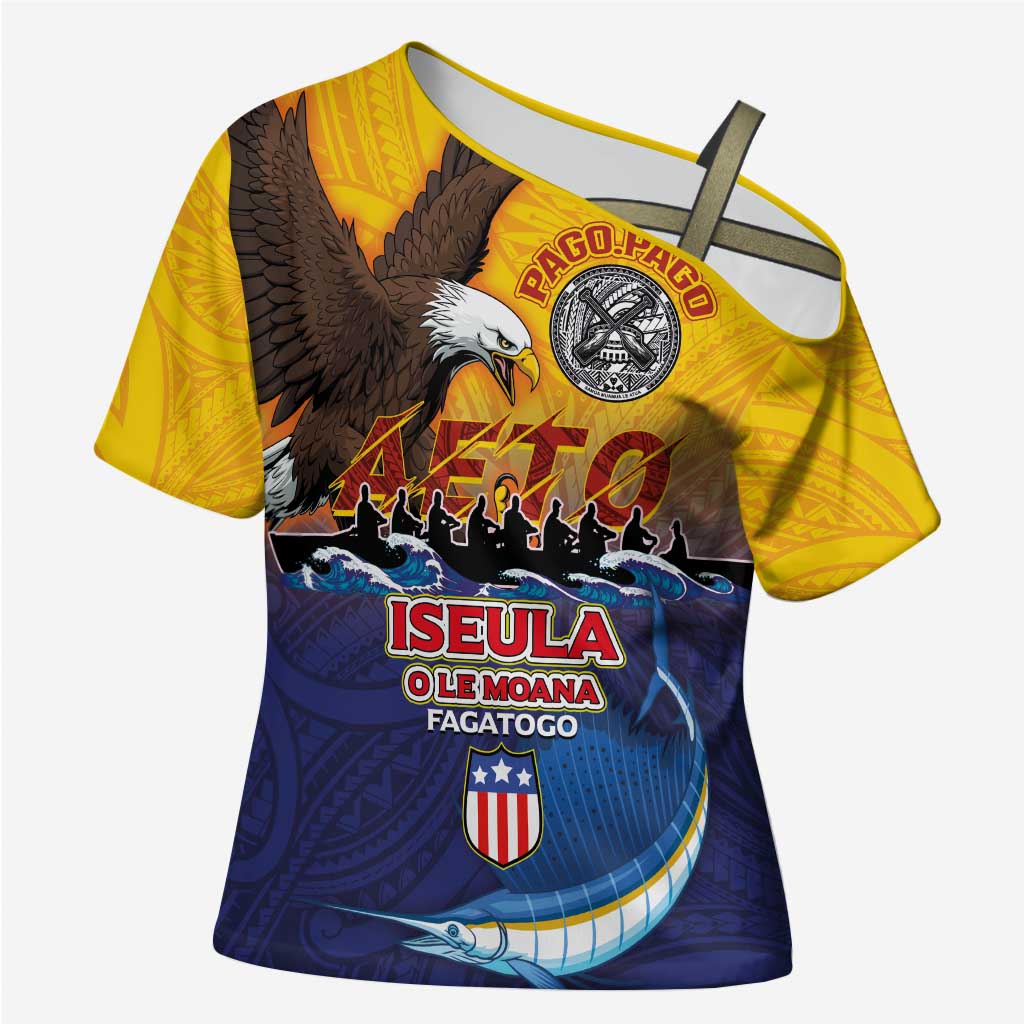 American Samoa Fautasi Cross Shoulder Shirt Bald Eage and Sailfish with Kakau Motifs - Wonder Print Shop