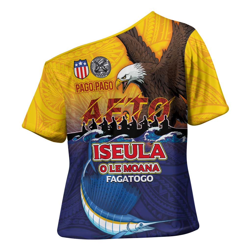 American Samoa Fautasi Cross Shoulder Shirt Bald Eage and Sailfish with Kakau Motifs - Wonder Print Shop