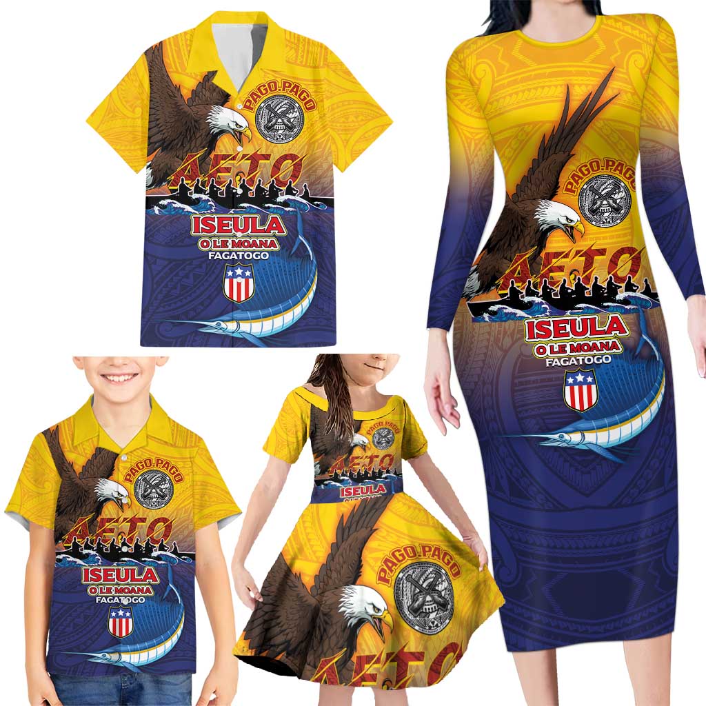 American Samoa Fautasi Family Matching Long Sleeve Bodycon Dress and Hawaiian Shirt Bald Eage and Sailfish with Kakau Motifs - Wonder Print Shop