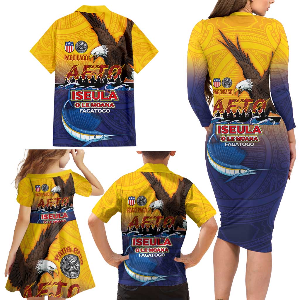 American Samoa Fautasi Family Matching Long Sleeve Bodycon Dress and Hawaiian Shirt Bald Eage and Sailfish with Kakau Motifs - Wonder Print Shop