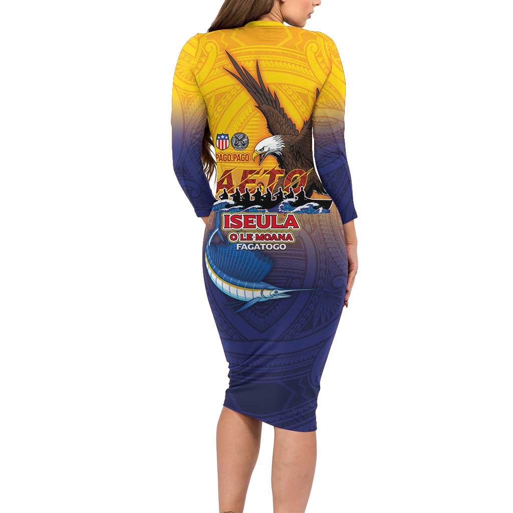 American Samoa Fautasi Family Matching Long Sleeve Bodycon Dress and Hawaiian Shirt Bald Eage and Sailfish with Kakau Motifs - Wonder Print Shop