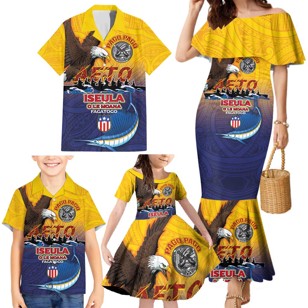 American Samoa Fautasi Family Matching Mermaid Dress and Hawaiian Shirt Bald Eage and Sailfish with Kakau Motifs - Wonder Print Shop