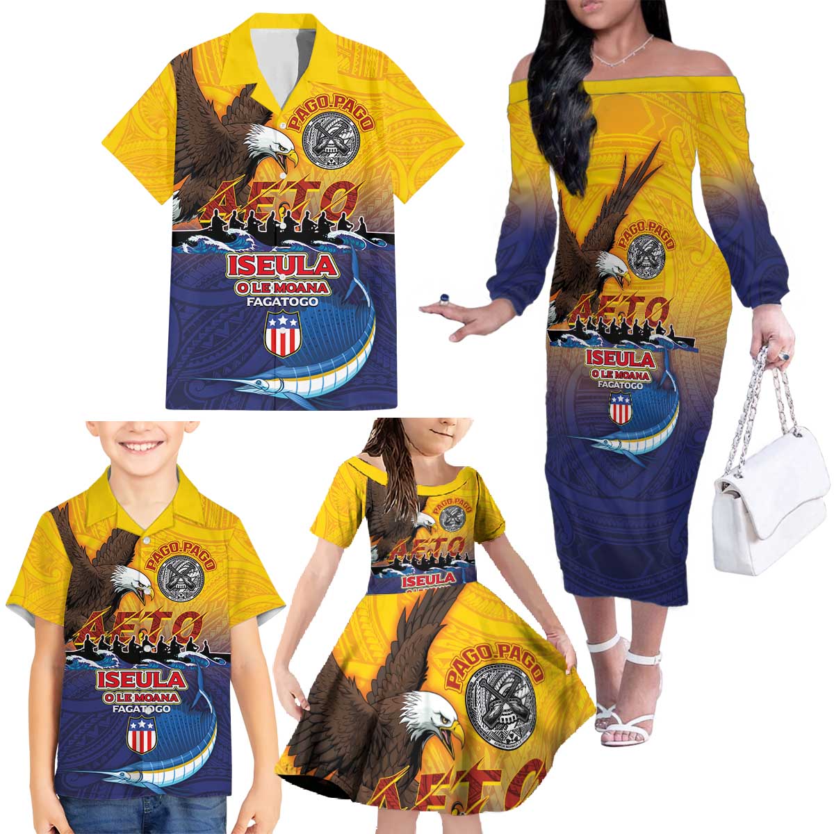 American Samoa Fautasi Family Matching Off The Shoulder Long Sleeve Dress and Hawaiian Shirt Bald Eage and Sailfish with Kakau Motifs - Wonder Print Shop