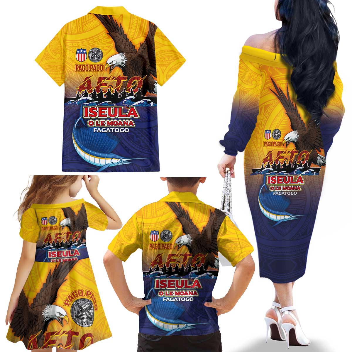 American Samoa Fautasi Family Matching Off The Shoulder Long Sleeve Dress and Hawaiian Shirt Bald Eage and Sailfish with Kakau Motifs - Wonder Print Shop