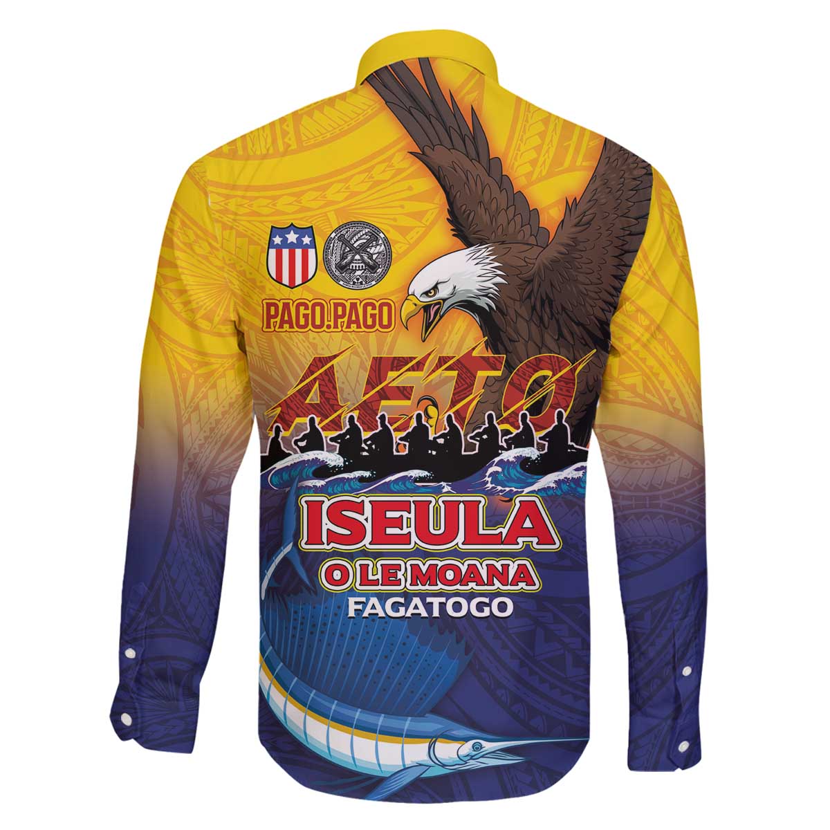 American Samoa Fautasi Family Matching Off The Shoulder Long Sleeve Dress and Hawaiian Shirt Bald Eage and Sailfish with Kakau Motifs - Wonder Print Shop