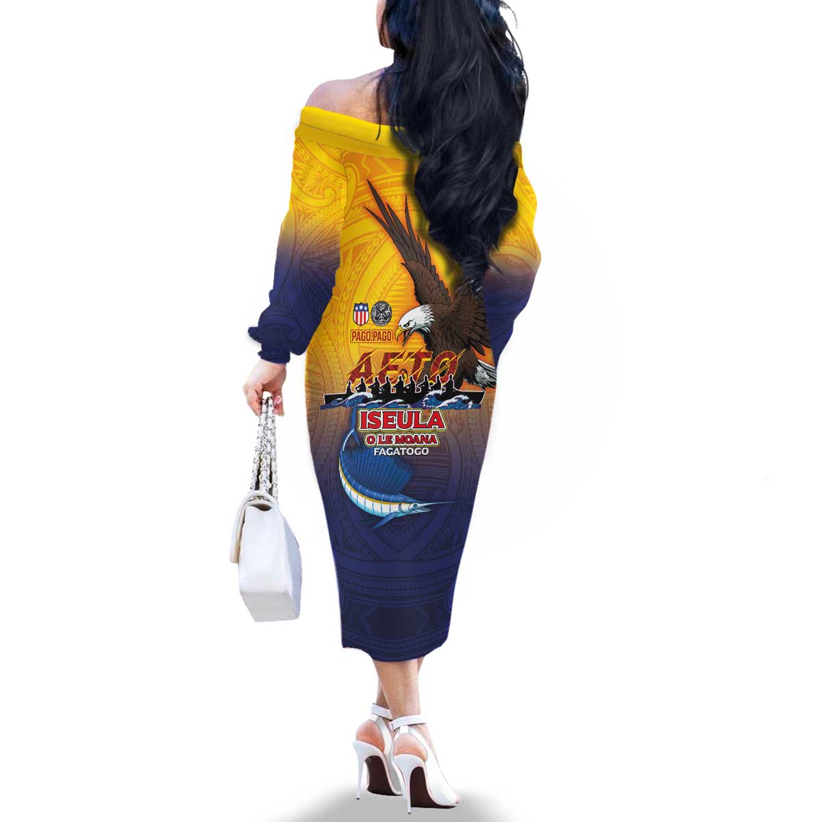 American Samoa Fautasi Family Matching Off The Shoulder Long Sleeve Dress and Hawaiian Shirt Bald Eage and Sailfish with Kakau Motifs - Wonder Print Shop