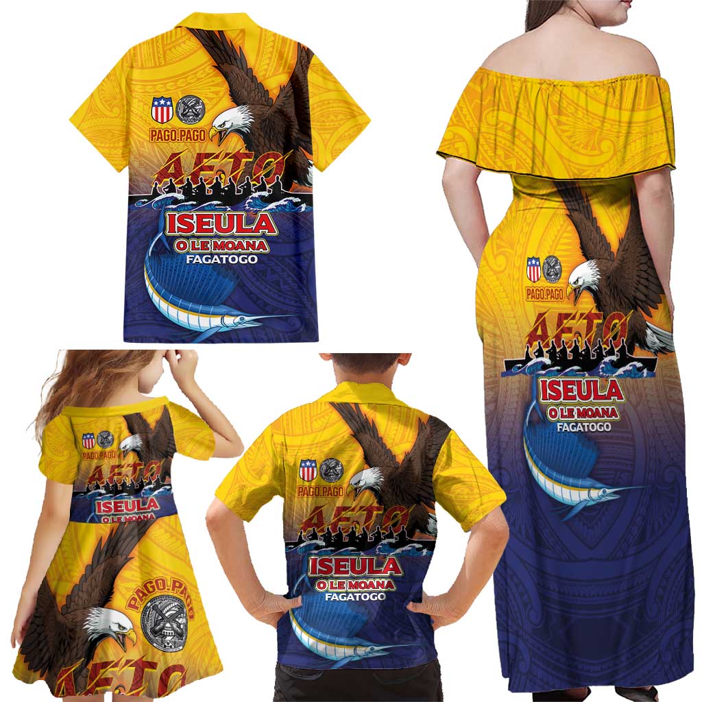 American Samoa Fautasi Family Matching Off Shoulder Maxi Dress and Hawaiian Shirt Bald Eage and Sailfish with Kakau Motifs - Wonder Print Shop