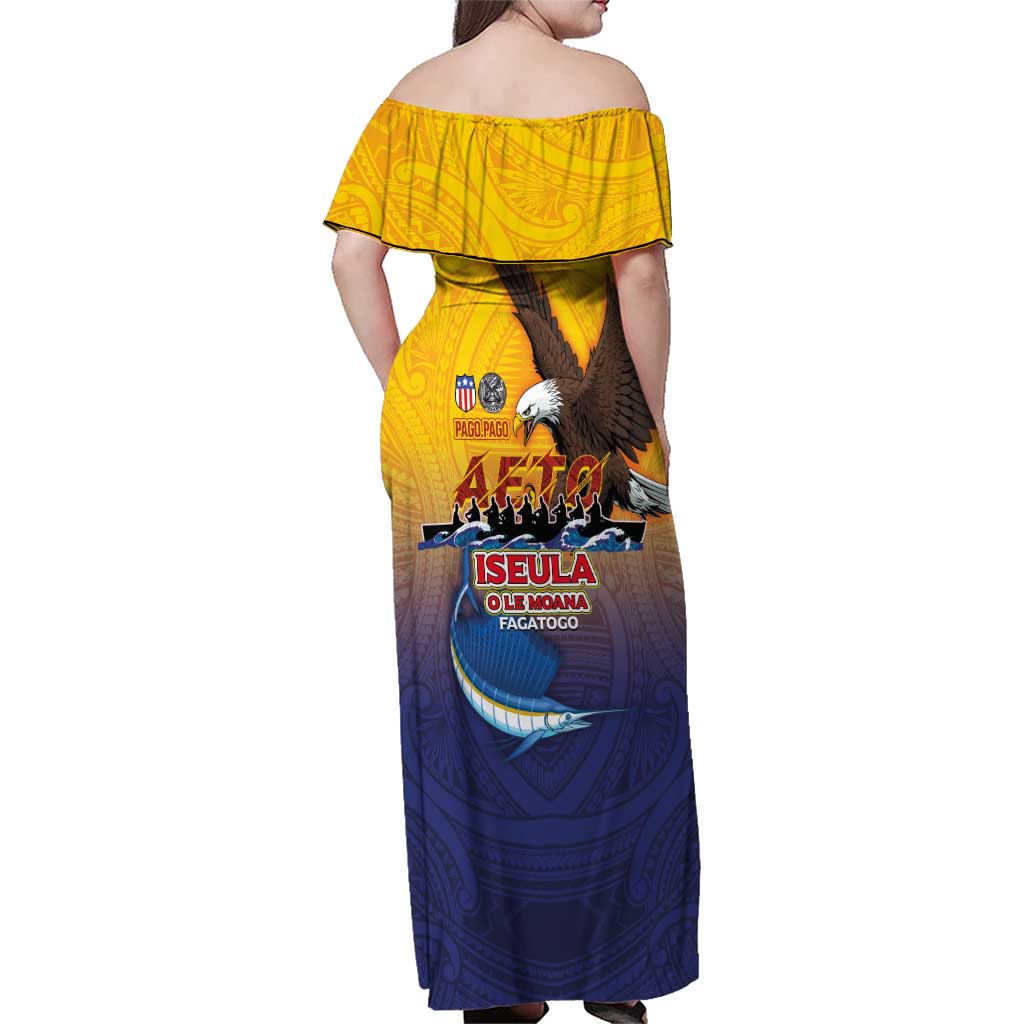 American Samoa Fautasi Family Matching Off Shoulder Maxi Dress and Hawaiian Shirt Bald Eage and Sailfish with Kakau Motifs - Wonder Print Shop