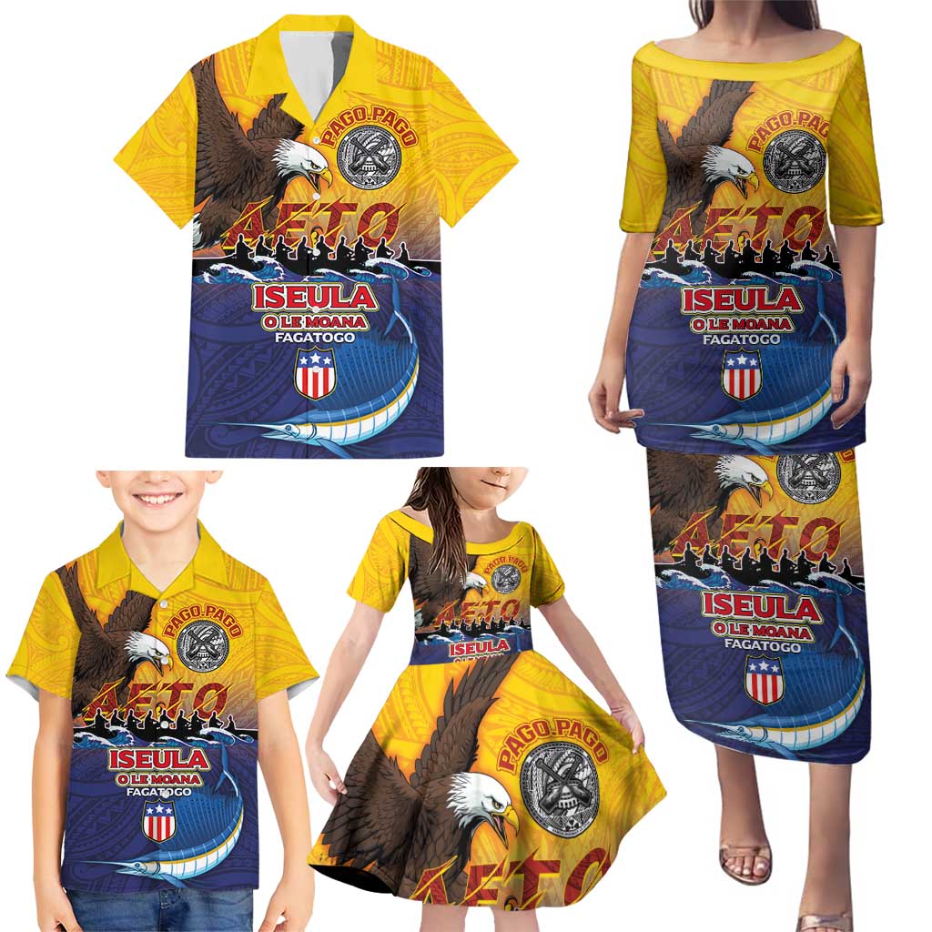 American Samoa Fautasi Family Matching Puletasi and Hawaiian Shirt Bald Eage and Sailfish with Kakau Motifs - Wonder Print Shop