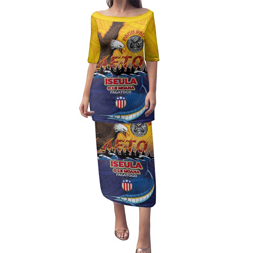 American Samoa Fautasi Family Matching Puletasi and Hawaiian Shirt Bald Eage and Sailfish with Kakau Motifs - Wonder Print Shop