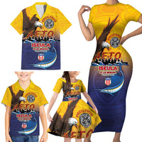 American Samoa Fautasi Family Matching Short Sleeve Bodycon Dress and Hawaiian Shirt Bald Eage and Sailfish with Kakau Motifs - Wonder Print Shop